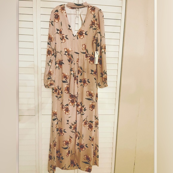 NWT Peach Pinstriped floral plunge 2-in1 Maxi Dress Romper Large Cottagecore - Picture 3 of 10